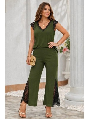 Lune Store Kadın Kısa Kollu V Dantel Yakalı Sandy Bluz Pantolon Ikili Takım