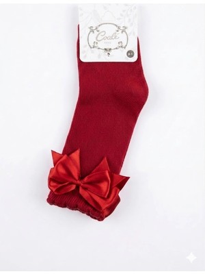 Cocole Socks Kız Çocuk Aksesuarlı Dizaltı Çorabı Tekli Pamuklu Düz Kırmızı Fiyonk Detaylı
