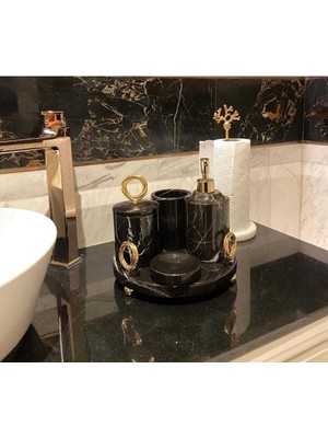 UltraMint Siyah Mermer Banyo Seti, 5'li, Boncuk Ayaklı, Gold Halkalı, Şık Tasarım