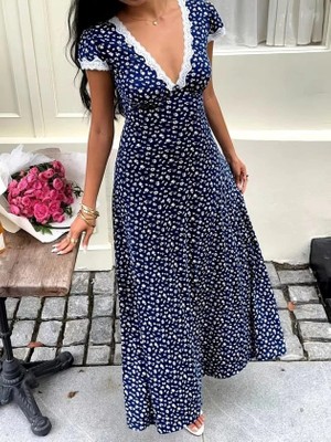 Lune Store Kadın Kısa Kollu Derin V Yakalı Dantel Detaylı Çiçek Desenli Uzun Süprem Elbise