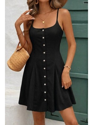 Lune Store Kadın Ip Askılı Önden Düğmeli Bağcıklı Kısa Elbise