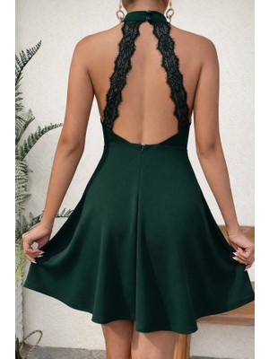 Lune Store Kadın Omuzlardan Açık Balıkçı Yaka Arkadan Dantel Detaylı Kısa Ithal Krep Elbise