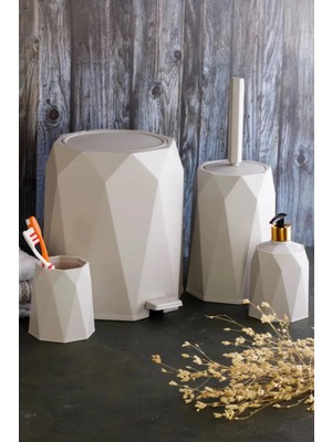 UltraMint Plastik Banyo Seti 5 Lt Çöp Kovası ve Tuvalet Fırçası, Lavabo Takımı (Taş Rengi)
