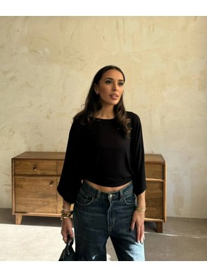Lune Store Kadın Kayık Yaka Yarasa Kol Dökümlü Kısa Bluz