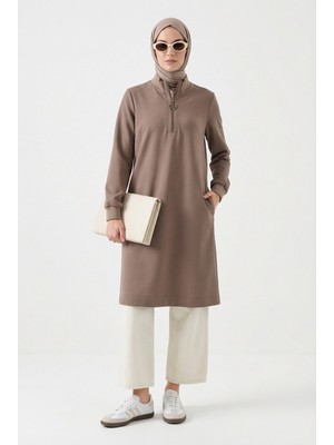 Armine Fermuar Detaylı Basic Tunik Vizon