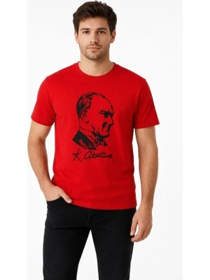 Lune Store Erkek Atatürk Baskılı Tişört Kısa Kollu Bisiklet Yaka T-Shirt - Kırmızı