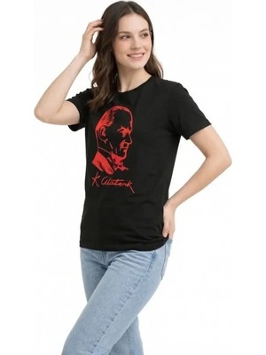 Lune Store Atatürk Baskılı Tişört Kısa Kollu Bisiklet Yaka  T-Shirt - Siyah