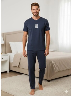 Erkek Lacivert Kısa Kol Yazlık Rahat Pijama Takımı