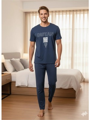 Erkek Koyu Mavi Kısa Kol Yazlık Pijama Takımı
