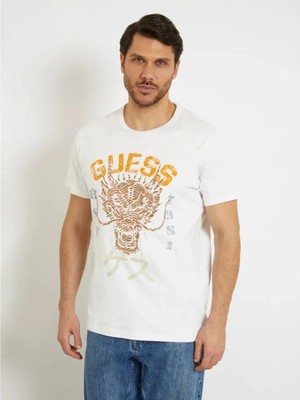 Guess  Erkek Ejderha Baskılı Bisiklet Yaka Pamuklu Kısa Kollu T-Shirt M4GI21K8FQ4