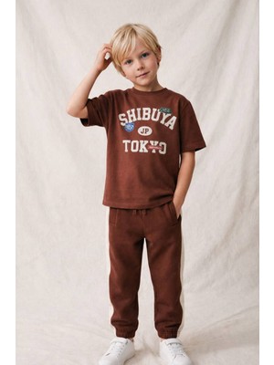Aselin Kids Erkek Çocuk Pamuklu Kiremit Tokyo Baskılı T-Shirt ve Eşofman Takım