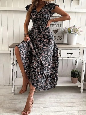 Lune Store Kadın Kısa Kollu Kruvaze Yaka Beli Lastikli Çiçek Desenli Elbise