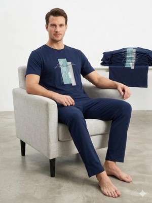 Fames Homewear Yazlık Erkek Lacivert Penye Pijama Takım Kısa Kollu Bisiklet Yaka Rahat Tasarım