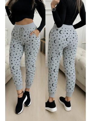 Lune Store Kadın Yüksek Bel Bağcıklı Desenli Iki Iplik Pantolon