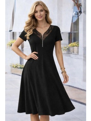 Lune Store Kadın Kısa Kollu Dantel V Fermuar Yakalıuzun Viskon Elbise
