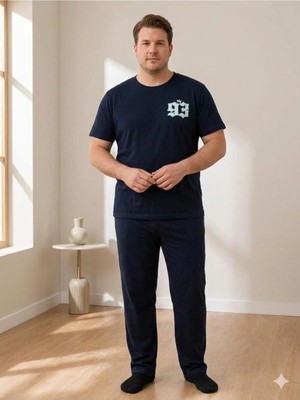 Fames Homewear Erkek Büyük Beden Yazlık Pijama Takım Kısa Kollu Mavi Renk %50 Pamuk - %50 Polyester
