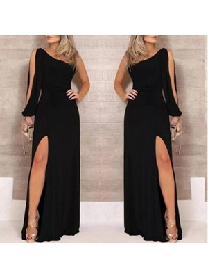 Lune Store Tek Omuz Açık Derin Yırtmaçlı Krep Tam Boy Elbise