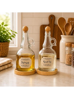 2'li 1000ML Ahşap Stantlı Ahşap Kapaklı Cam Yağlık Seti Ayçiçek/zeytin Yağı Etiketli