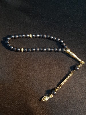 Mryart Füme Renk 6mm Hematit Taşı ve Gold Metal Aksesuarlı 33 Lük Tesbih