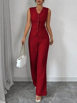 Lune Store Kadın Askılı Önden Düğmeli Bluz ve Pantolon Keten Ikili Takım