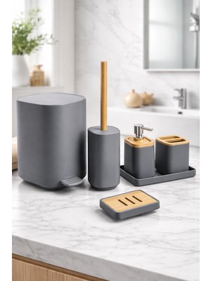 UltraMint Bambu Banyo Seti Kare 6 Parça, Otomatik Basmalı Kapak, Şık ve Işlevsel