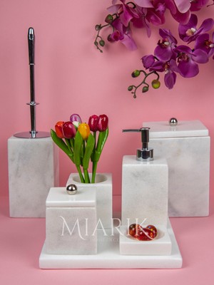 UltraMint Beyaz Mermer Gümüş Top Detaylı 7'li Kare Banyo Seti