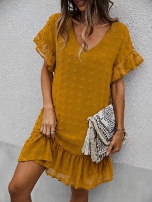 Lune Store Kadın Kısa Kollu V Yakalı Kısa Puantıyeli Şifon Elbise