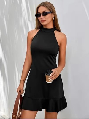 Lune Store Kadın Omuzlardan Açık Halka Yakalı Fırfırlı Janjan Kısa Elbise