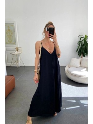 Lune Store Kadın Ip Askılı V Yakalı Uzun Aerobin Elbise