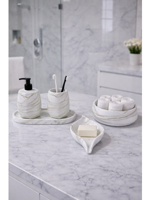 UltraMint 5 Parça Mermer Desenli Geometrik Banyo Seti: Sabunluk, Tepsi, Kase, Diş Fırçalık