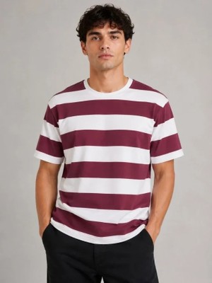 Lune Store Erkek Çizgili Oversize Tişört Bisiklet Yaka Kısa Kol Yazlık T-Shirt - Bordo