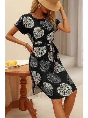 Lune Store Kadın Kısa Kollu Bisiklet Yaka Desenli Kuşaklı Örme Krep Midi Elbise