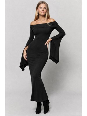 Lune Store Kadın Madonna Yaka Uzun Yırtmaç Kol Detaylı Uzun Ithal Krep Elbise