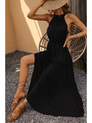 Lune Store Kadın Kolsuz Halter Yaka Beli Lastiklidesenli Mikro Elbise