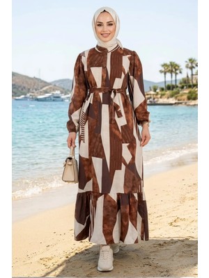 Harma Time Butik Kadın Kuşaklı Viskon Kumaş Tesettür Kahverengi Elbise