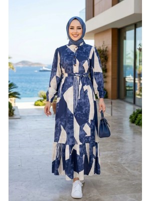 Harma Time Butik Kadın Kuşaklı Viskon Kumaş Tesettür Lacivert Elbise