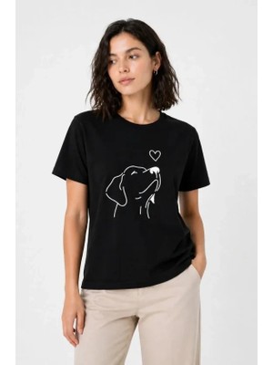 Lune Store Köpek Figürlü Minimal Baskılı Tişört Kısa Kol Yazlık T-Shirt - Siyah