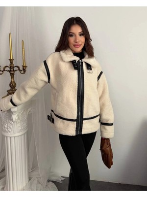 Zf Butik Kadın Peluş Biker Ceket Bej Fermuarlı Orta Kalınlıkta