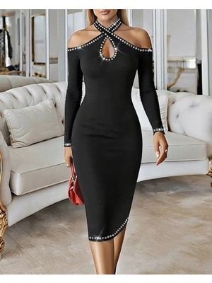 Lune Store Kadın Omuzlardan Açık Boyundan Geçmeli Damla Detaylı Taşlı Midi Dalgıç Elbise