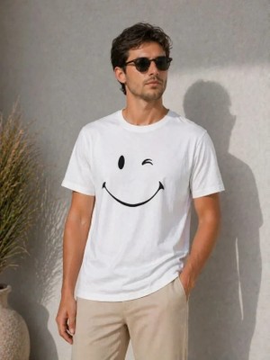 Lune Store Erkek Minimal Gülümseyen Yüz Baskılı Tişört Kısa Kol Yazlık T-Shirt - Beyaz