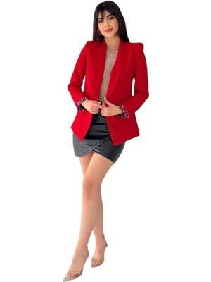 Niloo Kadın Kırmızı Düğmesiz Cepli Astarlı Katlanabilir Kol Blazer Ceket