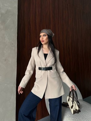 Zf Butik Kadın Kemer Detaylı Vatkalı Ceket Krem