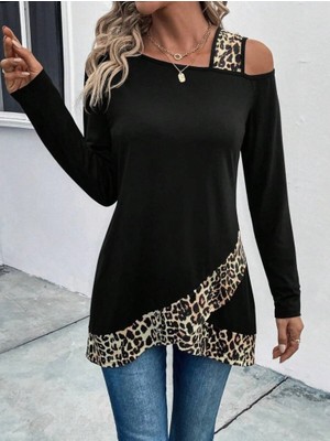 Lune Store Kadın Tek O Uzdan Açık Askılı Uzun Kollu Leopar Detaylı Viskon Bluz