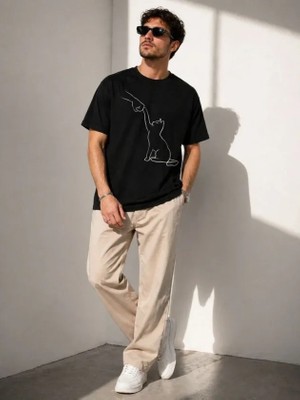 Lune Store Erkek Minimal Kedi Çizim Baskılı Tişört Kısa Kol Yazlık T-Shirt - Siyah