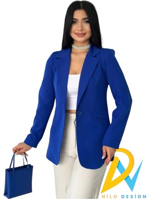 Farina Kadın Mavi Blazer Ceket Tek Düğmeli Astarlı