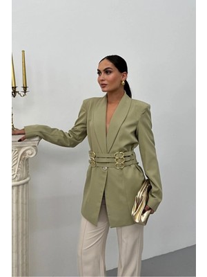 Zf Butik Kadın Blazer Ceket Haki Kemerli