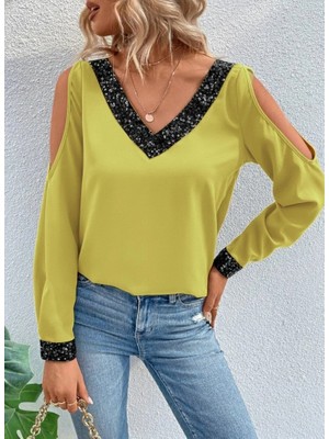 Lune Store Kadın Uzun Kollu V Yakalı Omuzlardan Açık Sandy Bluz