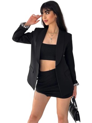 Niloo Kadın Siyah Düğmesiz Cepli Astarlı Katlanabilir Kol Blazer Ceket