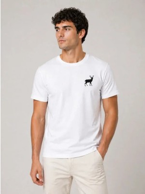 Lune Store Erkek Minimal Geyik Logolu Tişört Bisiklet Yaka Kısa Kol Yazlık T-Shirt - Beyaz
