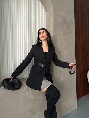 Zf Butik Kadın Vatkalı Kemerli Ceket Siyah